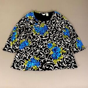 Laura Ashley Woman Floral Sequin Blouse Top Plus Size 2X Black‎ Blue 3/4 Sleeve